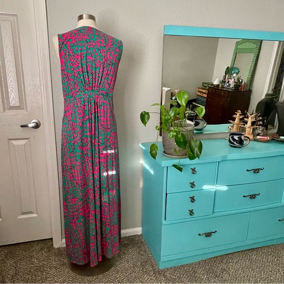 Boden Vibrant Pink & Green Floral Stretchy Maxi Dress Sz 14 Sleeveless Summer - Picture 2 of 13